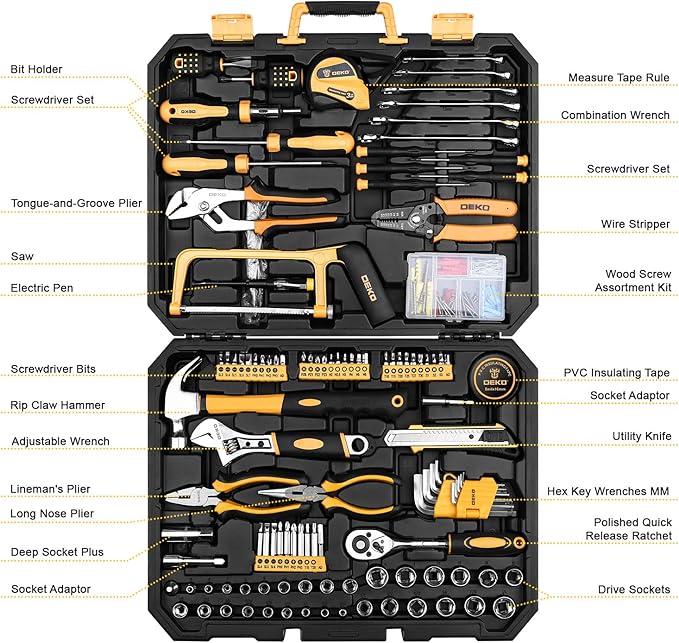 DEKOPRO 198 Piece Home Repair Tool Kit, Wrench Plastic Toolbox with General Household Hand Tool Set