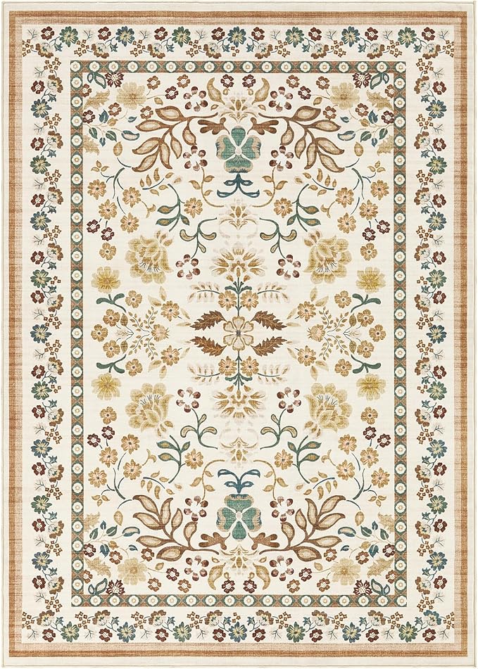 10x12 Area Rug Living Room Rugs - Washable Boho Vintage Floral Large Soft Non Slip Thin Rug Low Pile Carpet for Bedroom Dining Room Kids Playroom Office Decor Indoor- Brown
