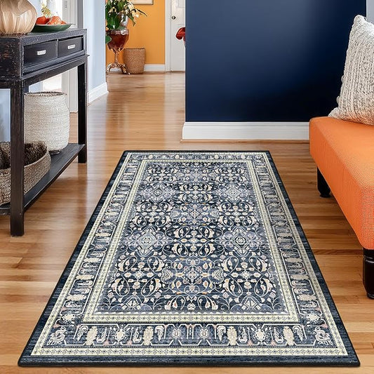 Dark Blue 3x5 Entryway Rug Indoor, Transitional Boho Floral Moroccan Trellis Printed Throw Rug for Kitchen, Ultra Thin for Machine Washable, Non Slip Area Rug for Foyer/Dorm/Bedroom Bedside
