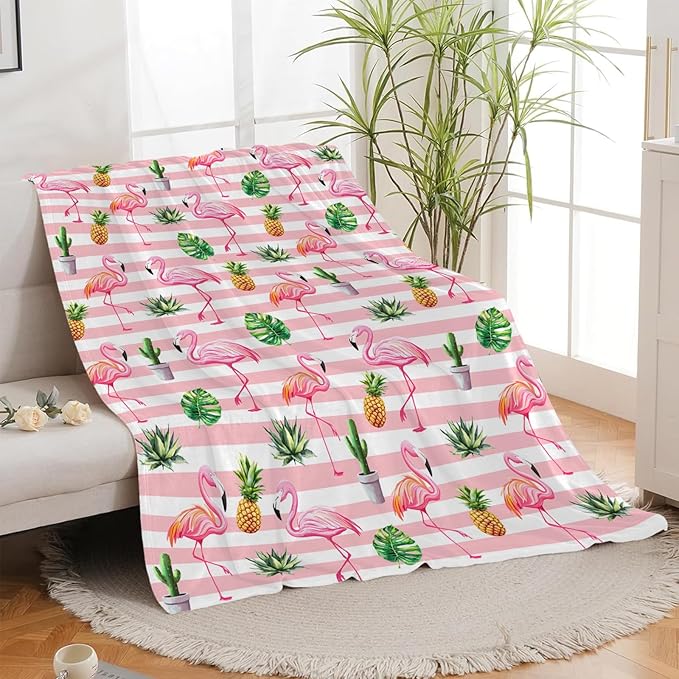 Flamingo Blanket, Pink Flamingo Throw Blanket, Tropical Pineapple Gifts Blankets Stuff Fleece Flannel Plush for Girls Women Lovers Adults Soft Bedding Gift for Sofa Bed Office Home Decor 80"x60"