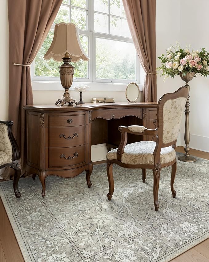 Collive 5x7 Area Rug, Washable Neutral Hand-Painted Floral Living Room Bedroom Rug, Vintage Distressed Boho Non Slip Low Pile Throw Carpet, Soft Retro Rugs for Dining Room Office, Taupe