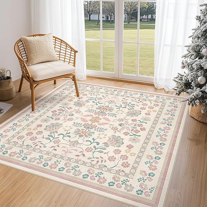 Square Area Rugs : Washable 5x5 Floral Carpet for Living Room Bedroom - Soft Floor Mat with Non Slip Backing for Kitchen Nursery Dorms Farmhouse Home Decor - Pink