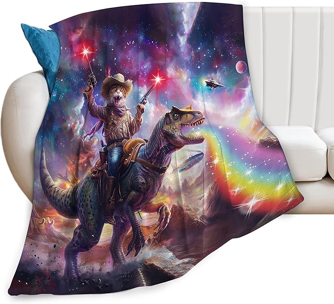 Funny Cat Dinosaur Blanket Galaxy Space Rainbow Decor Throw Blanket Cozy Plush Flannel Fleece Warm Soft Lightweight Fuzzy Blanket Funny Gifts for Boys Girls Teens Women for Bed Sofa Couch 40"X50"