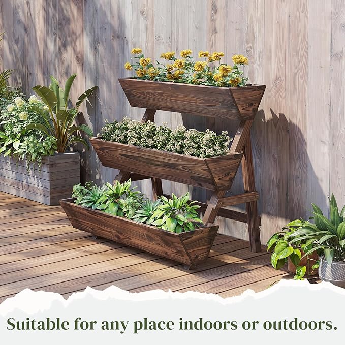 3-Tier Wooden Vertical Raised Garden Bed with Legs, Tiered Planter Box, Vertical Garden Planter,Wood Plant Stand Wood Flower Rack for Patio, Balcony, Freestanding. (Carbonized-Large)
