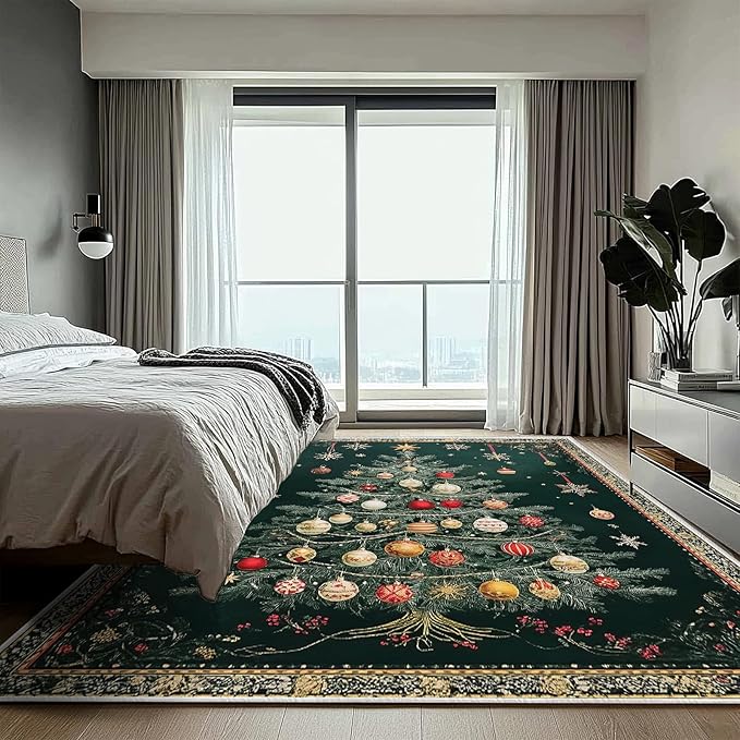 8x10 Christmas Tree Area Rugs Boho Christmas Tree Rug for Living Room Indoor Soft Non-Slip Thin Large Carpet Vintage Rugs for Bedroom Home Decor Under Table Washable Machine