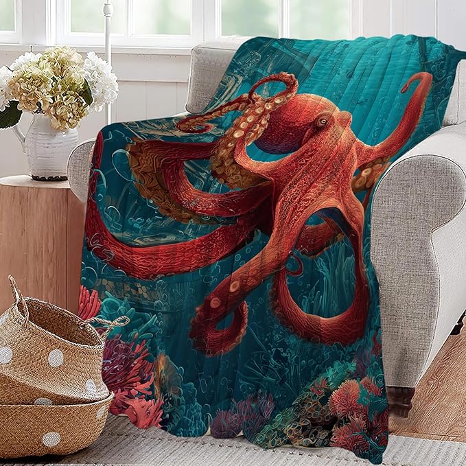Ocean Octopus Blanket Coral Marine Life Animal Throw Blankets Gifts for Girls Boys Kids Octopus Lover Soft Cozy Fleece Plush for Couch Sofa Bed 80"x60"
