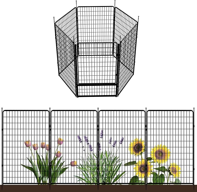Decorative Garden Fence with Gate 50 in(H) x 15.4 ft(L) 6 Panels, Heavy Duty Metal Animal Barrier Fence for Yard, Flower Bed Fencing, Garden Border Fence, Easy Set Up, Black