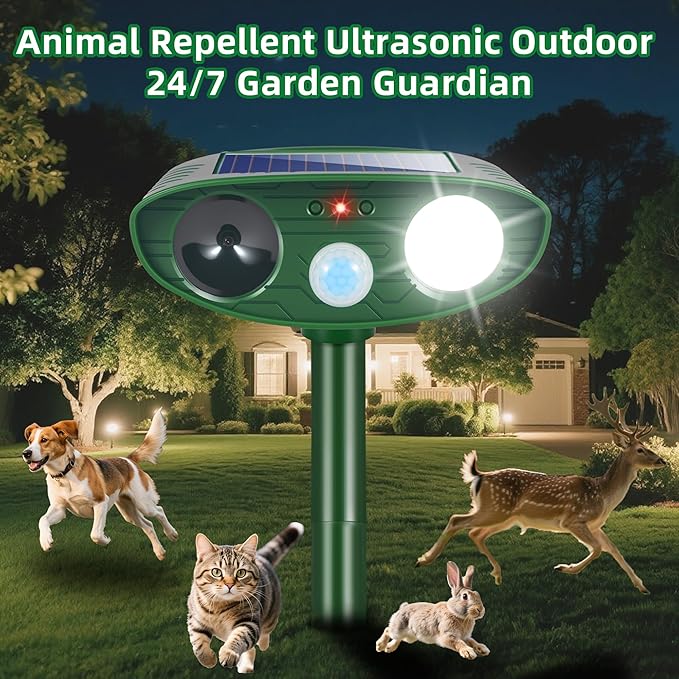 4 Pcs Solar Ultrasonic Animal Repeller Outdoor, Cat & Deer Repellent with Strobe Light, Waterproof Animal Deterrent Devices to Protect Garden Yard from Rabbit, Raccoon, Squirrel, Dog, Coyote, Skunk