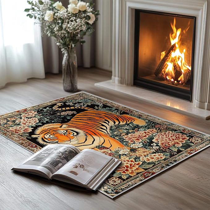 2x3 Tiger Rugs Boho Floral Flower Tiger Rug for Bathroom Kitchen Entryway Indoor Soft Non-Slip Thin Hippie Carpet Small Doormat for Office Dining Room Under Table Washable Machine