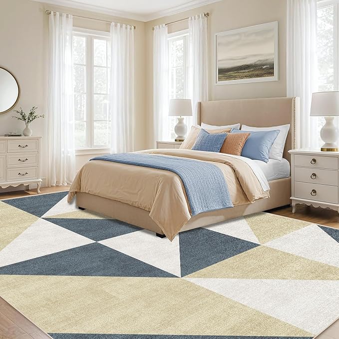 Washable Geometric Area Rugs 5x7 Non-Slip Modern Abstract Soft Large Carpet for Living Room Entryway Bedroom Farmhouse Blue and Gold