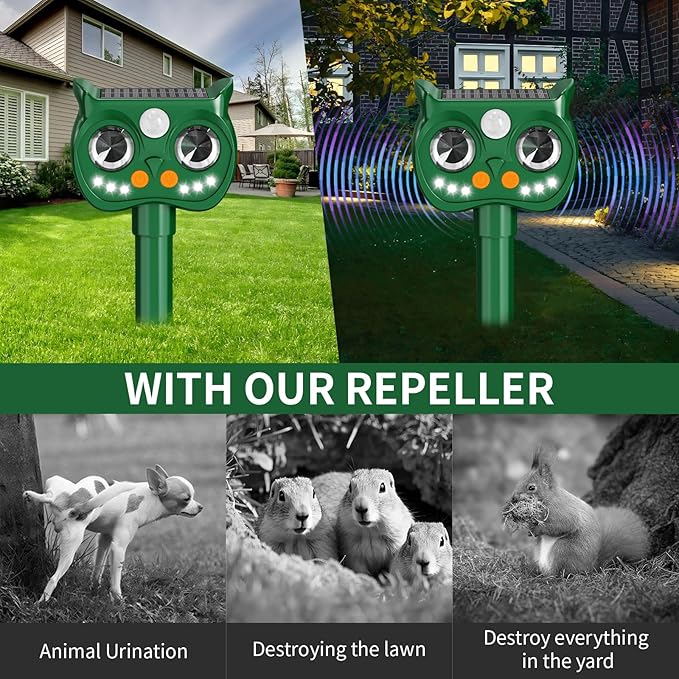 2 Pack 2025 Upgraded Solar Ultrasonic Animal Repellent Outdoor – Motion Activated Deer, Squirrel, Cat, Raccoon, Dog & Bird Deterrent with Multi-Frequency LED Strobe & Ultrasonic Sweep for Yard Garden