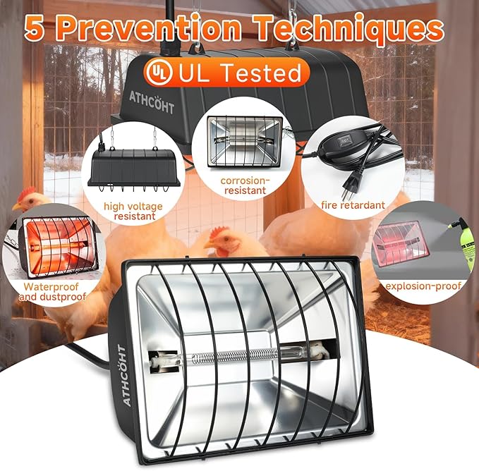 Chicken Coop Heater Lamp, Carbon Fiber Heat Lamp with 175W and 250W Bulbs, Brooder Heater with Guard, Ideal for Poultry, Livestock & Small Pets (2 pc Black Lamp(2 Light Frame + 4 Lamp Tubes))