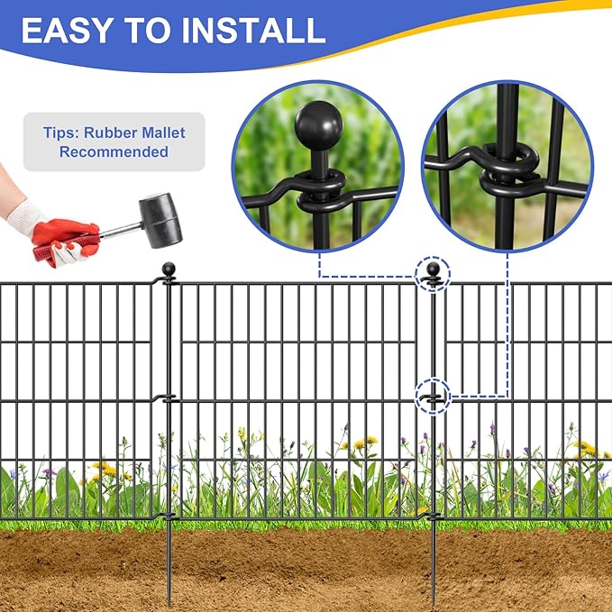 10 Panels No Dig Garden Fence Outdoor for Yard, 24 in(H) X 20 ft(L) Animal Barrier Pet Fencing Rustproof Decorative Metal Wire Panel Border for Dog, Rabbits, and Patio Temporary Ground Stakes