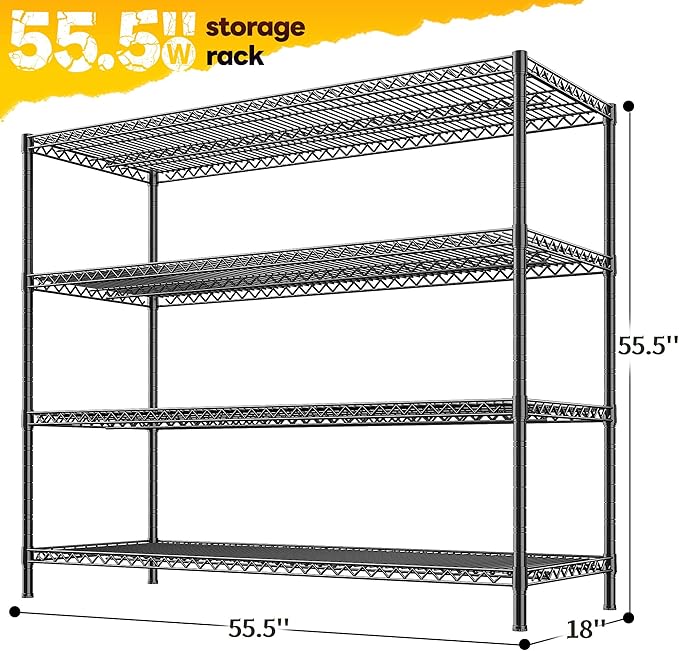 REIBII 2560LBS Storage Shelves 55.5"W Metal Shelving Unit 4 Tier Wire Shelving Commercial Adjustable Garage Shelving Heavy Duty for Storage Rack for Pantry, Garage, Kitchen, 55.5"W x 18"D x 55.5"H