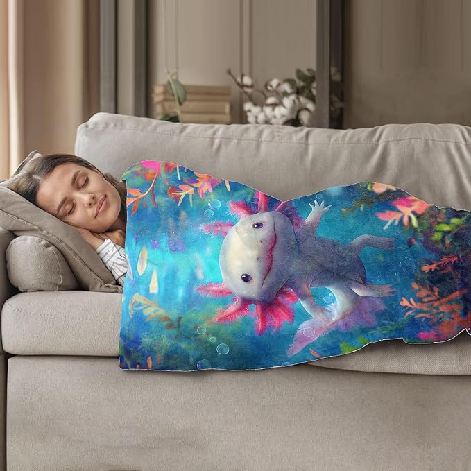 Cute Axolotl Throw Blanket 60"x80", Underwater Scene Blankets for Kids Room Decor, Soft Flannel Polyester Warm Cozy Axolotl Gifts for Kids