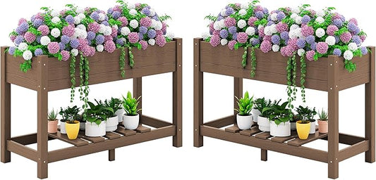 SERWALL Raised Garden Bed Set of 2, HDPE Raised Bed for Gardening All Weather Use- Brown