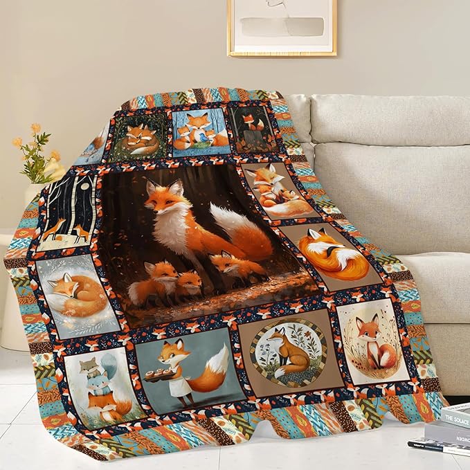 Fox Blanket, Foxes Throw Blanket, Cute Animal Gifts Blankets Stuff Fleece Flannel Plush for Girls Women Men Boys Lovers Adults Soft Bedding Gift for Sofa Bed Office Home Decor 60"x50"
