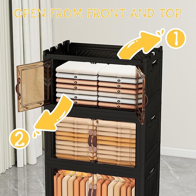Storage Bins with 2 Lids and Wheels, Collapsible Bathroom Storage Cabinet with Clear Doors, Plastic Stackable Closet Organizers and Storage Containers Black 597 QT