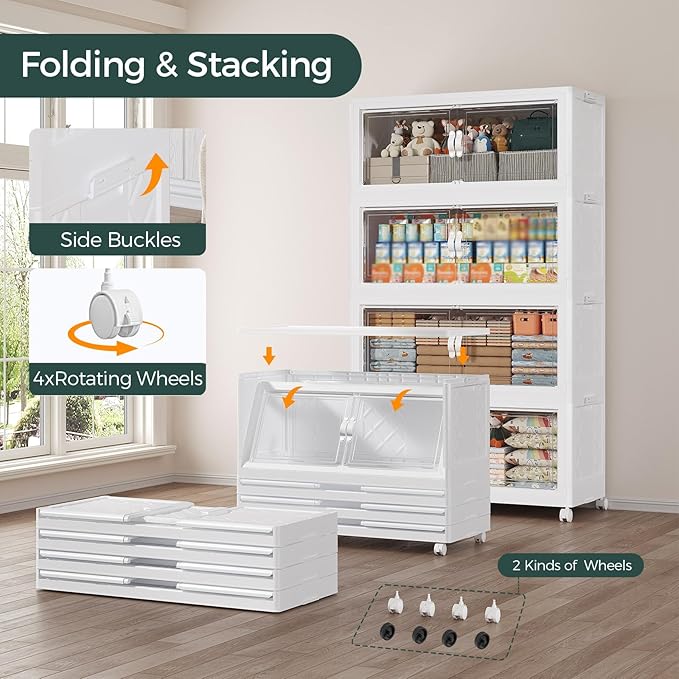 220Gal Stackable Storage Bins with Lid, 880Qt Extra Large Collapsible Storage Box with Doors and Wheels, Plastic Closet Organizer and Storage Cabinet Drawer for Home Kitchen, 4Pack White