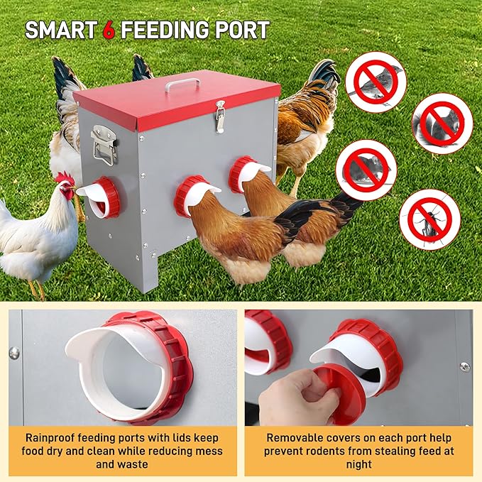 Automatic Chicken Feeder-40LB Metal Poultry Feeder No Waste with 6 Feeding Ports, Rat Proof Auto Chicken Feeders with Rust-Resistant Steel Frame, Locking Lid & Handle for Duck Geese Outdoor Use