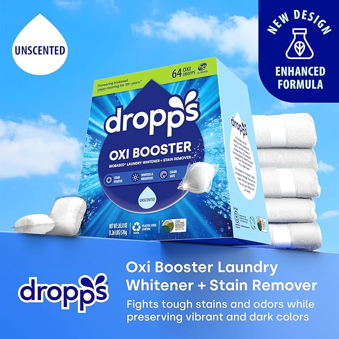 Dropps Oxi Booster Pods, Unscented (64 Pods) - Chlorine-Free Bleach Alternative Biobased Laundry Whitener & Stain Remover for Extra Tough Stains - Fragrance-Free & Hypoallergenic for Sensitive Skin
