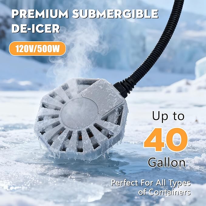 500W Chicken Water Heater - Bird Bath Heater, Stock Tank Heater for Livestock | Submersible Heater with 41°F Smart On/Off, 9.84FT Cord & 27.56in Chew-Proof Sleeve, Non-Conductive Winter Heater