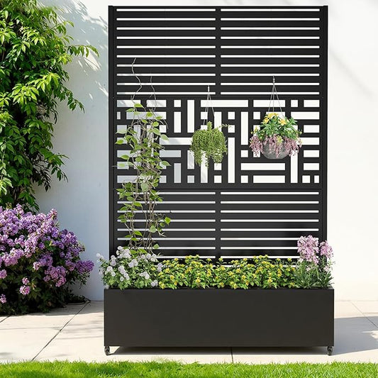 Metal Planter with Trellis& Wheels 72" x 47"x 15.7" Raised Garden Bed with Trellis,Privacy Planters for Patio,Garden Bed for Climbing Plants,Suitable for Climbing Plants and Vegetables,Black