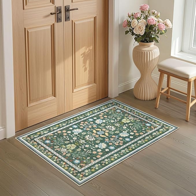 Door Mat Entrance Rug: 2x3 Washable Area Rug Boho Floral Small Rug - Non-Slip Low Pile Throw Indoor Carpet for Entryway Kitchen Front Door Bathroom Entry Kids Room - Green