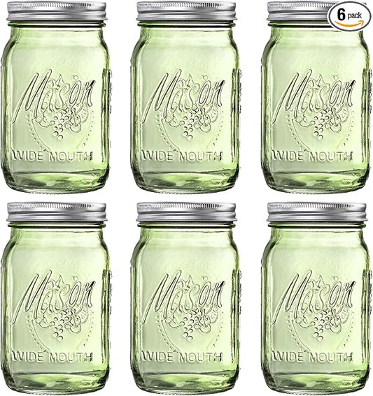 WELLIFE Mason Jars 32 oz - 6 Pack Green Large Mason Jars Wide Mouth,Glass Jar with Lid for Canning, Pickling, Food Storage, Fermenting, DIY Crafts & Decor, Reusable