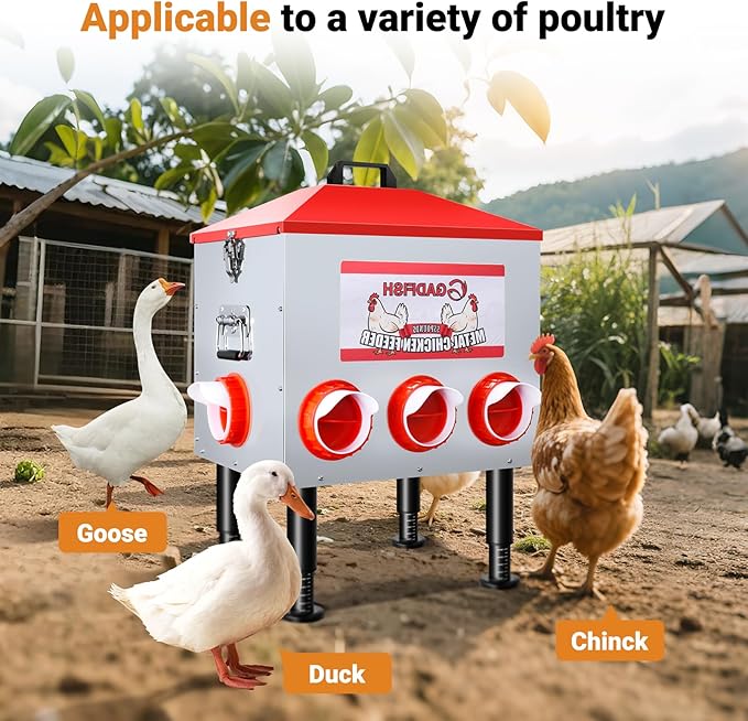 GADFISH 55LBS Large Capacity Automatic Chicken Feeder - 8 Feeding Ports, Anti-Waste Design, Height-Adjustable Legs & Secure Locking Lid for Chickens, Ducks & Poultry