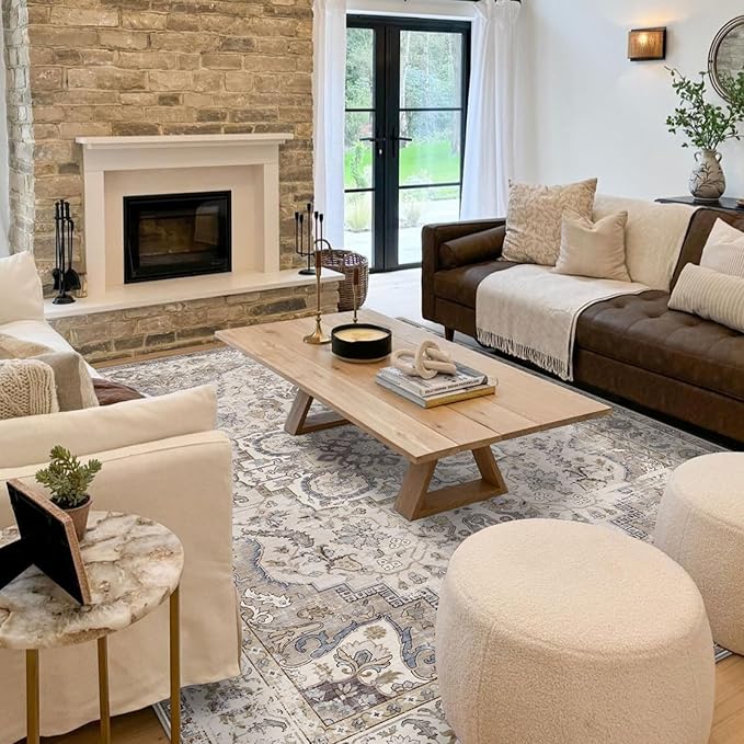 Washable Area Rug 8x10 - Large Cream Boho Rugs for Living Room Soft Vintage Bedroom Rug Ultra-Thin Farmhouse Oriental Distressed Carpet Non Slip Rug for Dining Room Guest Room Home Decor