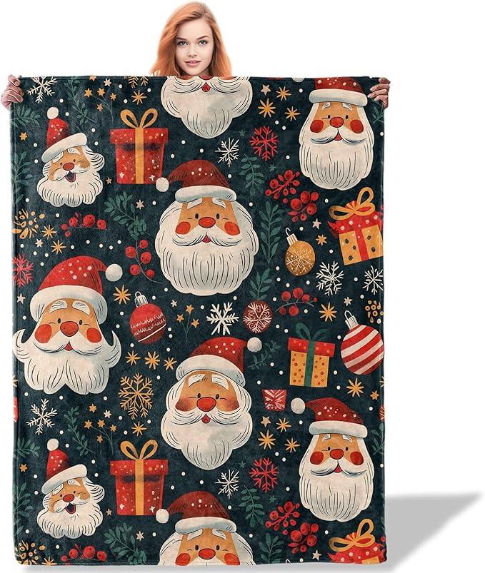 Santa Claus and Gifts Throw Blanket 40"x50", Christmas-Themed Blankets for Living Room Bedroom Decor, Soft Flannel Polyester Warm Cozy Gifts for Kids Adults