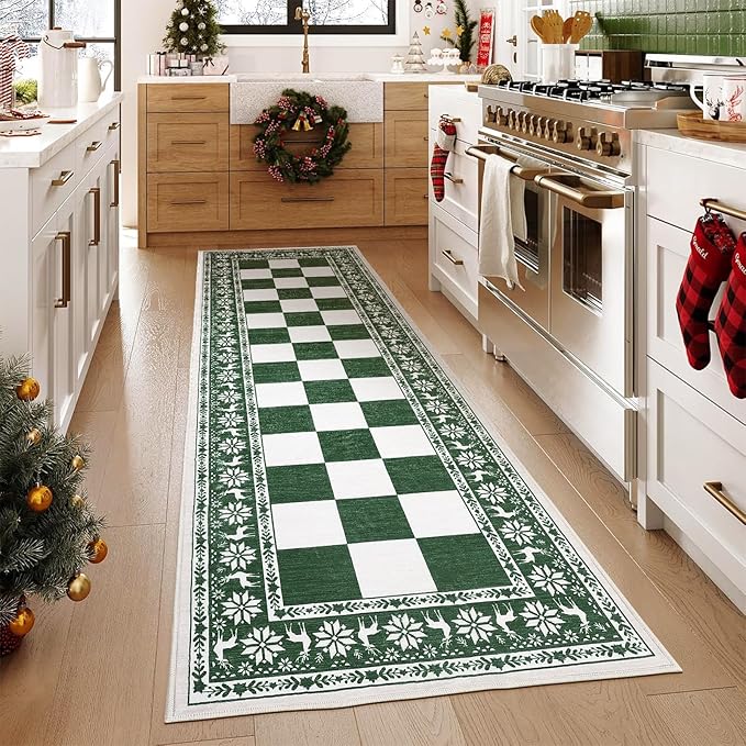 GarveeHome Green 2x6 Runner Rug, Washable Rug for Christmas Decor, Indoor Non Slip Carpet, Checkered Soft Low Pile Christmas Rugs for Kitchen, Entryway, Living Room, Bedroom