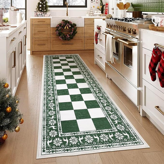 GarveeHome Green 2x6 Runner Rug, Washable Rug for Christmas Decor, Indoor Non Slip Carpet, Checkered Soft Low Pile Christmas Rugs for Kitchen, Entryway, Living Room, Bedroom