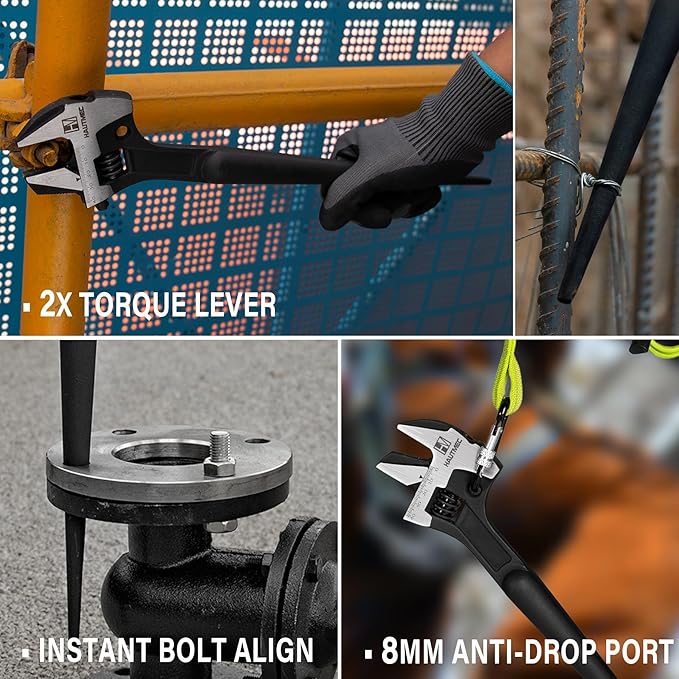 HAUTMEC 16inch Adjustable Spud Wrench, 4 in 1 Multifunctional Spud Wrenches, Adjustable Wrench and Hammer, Extra Wide Jaw Up to 1.6" (41mm) Metric & SAE Scale, Oxide Finish, for Garage Workshop DIY