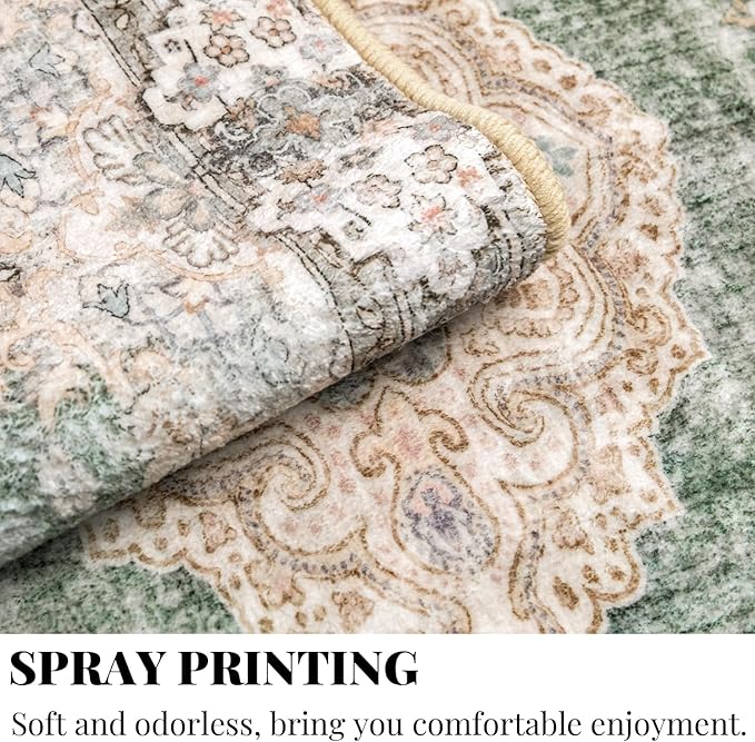 MUJOO Boho Rug 3'x5' Area Rug Small Green Rug Vintage Machine Washable Rugs for Entryway Bedroom Bedside Kitchen Hallway Living Room Laundry Room Indoor Mat Non Slip Soft Low-Pile Floral