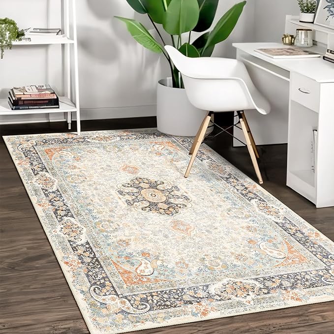 Vantage Rug 3x5,Washable Area Rugs for Bedroom Living Room Kitchen Entryway,Small Boho Bohemian Distressed Non Slip Carpet,Retro Blue Grey Floral