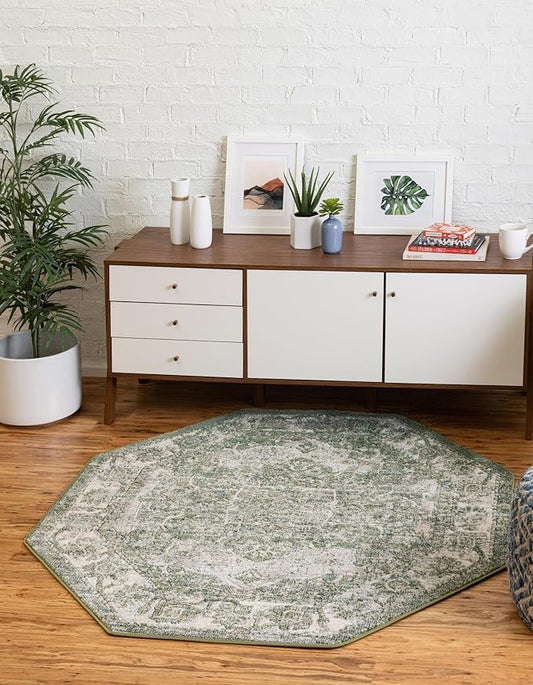 Unique Loom Isabella Collection Area Rug - Adjani (5' 1" Octagon, Green/ Ivory)