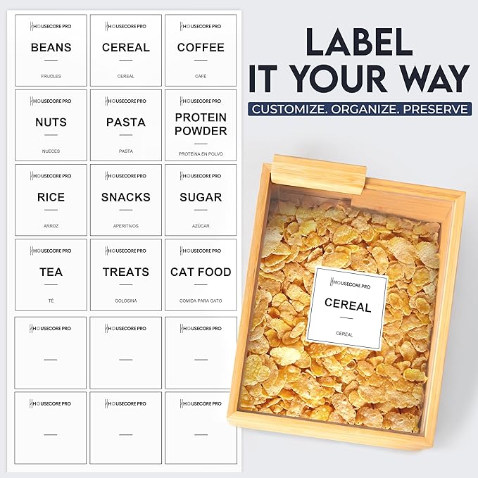 HouseCorePro 2 Pack Bamboo Food Storage Containers – Large 2.75L Food Dispenser with Measuring Spoon, 18 Labels, 6 Freshness Stickers, Wood Pantry Organizers and Storage for Dry Goods, 9.50x7.25x4in.