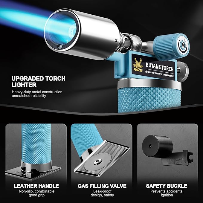 RAVS Butane Torch Lighter, Refillable Kitchen Torch with Adjustable Flame and Safety Buckle, Mini Torch for Baking, Soldering, Resin Art, Blue, Christmas Gifts for Men, Butane Not Included