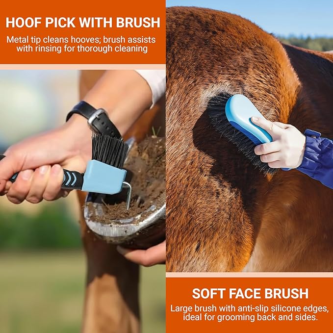 Horse Grooming Kit, 14-in-1 Professional Horse Brush Supplies Set for Grooming & Care, with Horse Brushes, Curry Comb, Hoof Pick & Waterproof Storage Tote Bag for Shining, Detangling, Massaging