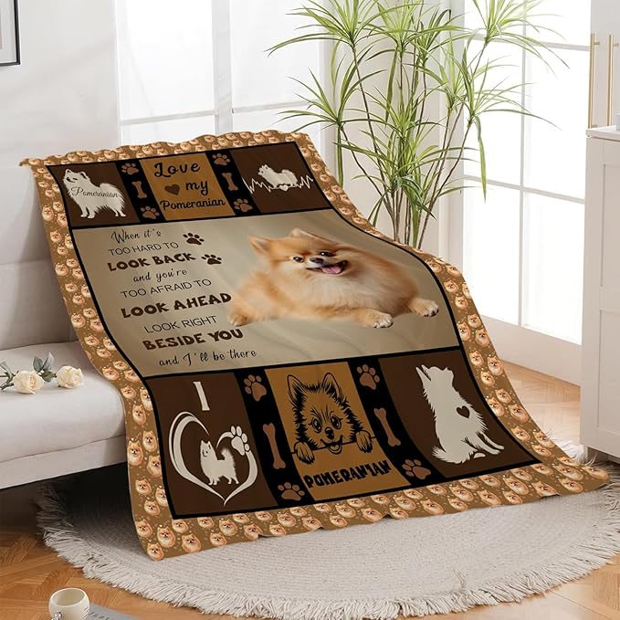 Pomeranian Blanket, Pomeranian Dog Throw Blanket, Puppy Dog Gifts Blankets Stuff Fleece Flannel Plush for Girls Women Lovers Adults Soft Bedding Gift for Sofa Bed Office Home Decor 40"X50"