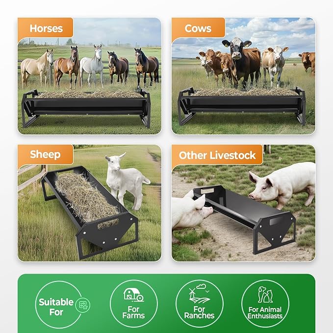 Livestock Feeding Trough 22 Gallon Capacity 45" Hay Feeder Heavy Duty Livestock Trough Feeder Trough for Horse Sheep Cattle Hog V-Shaped Farm Sheds Pen Water Feeder Powder Coated Black Steel