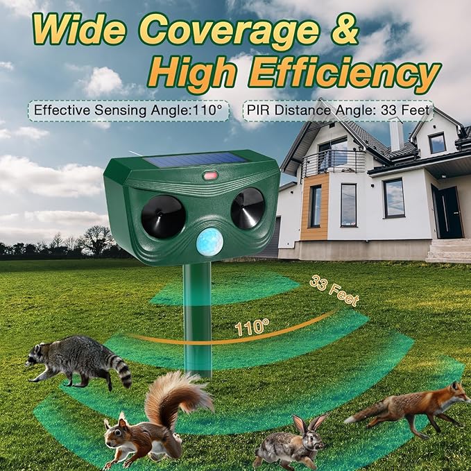2 Pack Ultrasonic Animal Repellent Cat Repellent Outdoor Solar Animal Deterrent Deer Repellent Devices Motion Activated Scare Cat Dog Skunk Deer Rabbit Squirrel Mouse for Garden Yard