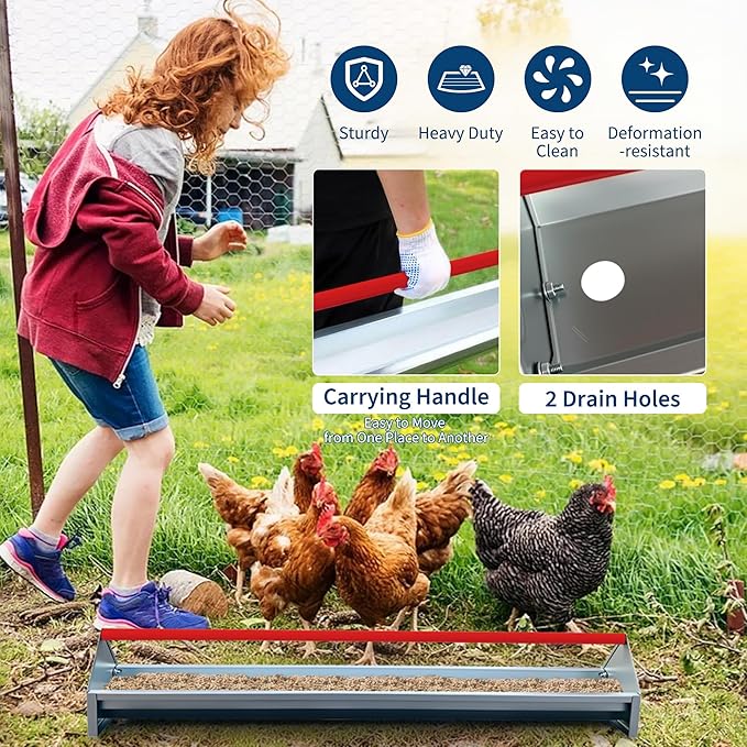 GarveeLife Large Chicken Feeder Trough 45" Long, Heavy Duty Galvanized Steel Metal Feeder for Chicken, Duck with Drainage Holes & Crossbar, Poultry Feeding Trough Red
