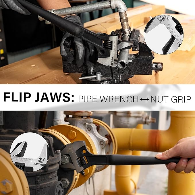 HAUTMEC 16inch Adjustable Spud Wrench, 4 in 1 Multifunctional Spud Wrenches, Adjustable Wrench and Hammer, Extra Wide Jaw Up to 1.6" (41mm) Metric & SAE Scale, Oxide Finish, for Garage Workshop DIY