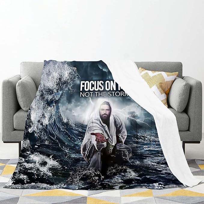 Jesus Blanket Christian Gifts for Men Women Jesus and Ocean Throw Blanket for Adults Ultra Soft Cozy Fleece Blanket for Couch Sofa Bed 50"x60"