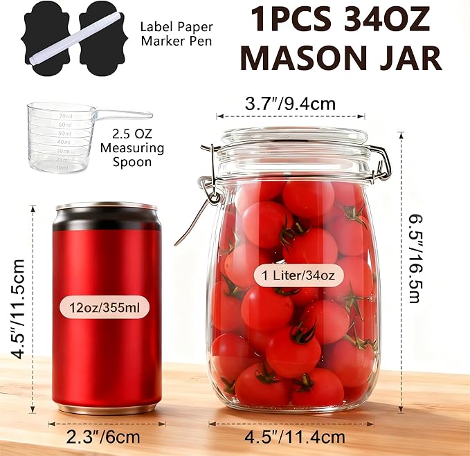1PCS Glass Jars with Airtight Lid, 34 OZ Mason Jars Wide Mouth, Glass Pickling Jars for Canning & Fermenting, Mason Storage Container for Coffee, Flour, Sugar, Pasta