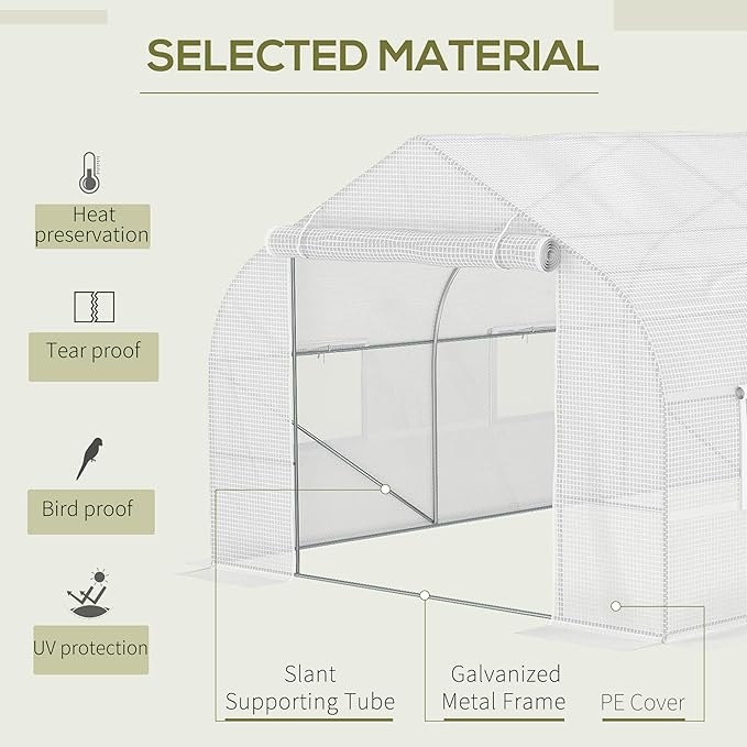 Outsunny 20' x 10' x 7' Walk-in Greenhouse, Tunnel Green House with Galvanized Steel Frame, Hoop House Kit with Zippered Door and 6 Windows, White