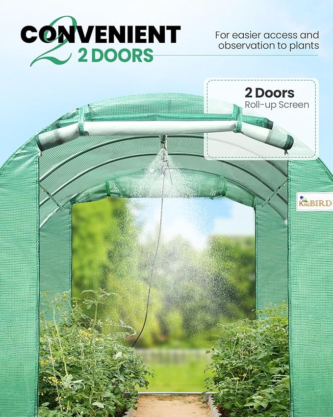 KING BIRD Premium 10x6.6x6.6FT Greenhouse for Outdoors, Large Walk-in Heavy Duty Galvanized Steel Frame, Mesh Door Screen Window Tunnel Hoop Garden Plant Winter Hot House, with Watering Kits, Green